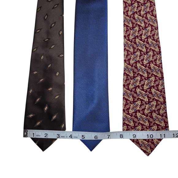 Mens Tie Lot 3pc Brown Blue Burgundy Paisley Geometric Silk Blend Neckties - Picture 5 of 5
